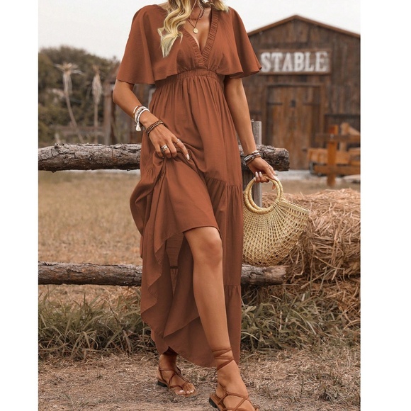 Boho V neck Butterfly Sleeve Stretchy Waist Maxi Dress - Picture 11 of 11